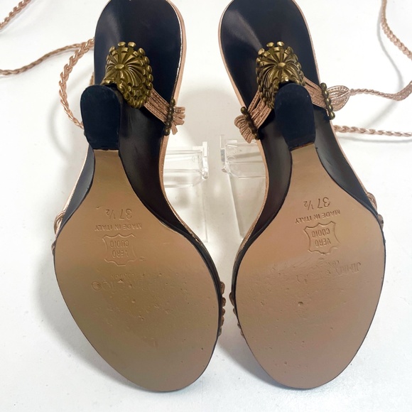 JIMMY CHOO: Rose-gold 'Geisha' braided leather, ankle-wrap wedge. Size 37/37.5. - Picture 11 of 11